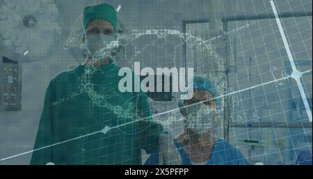 Image of brain rotating over caucasian female and male surgeons in face masks Stock Photo