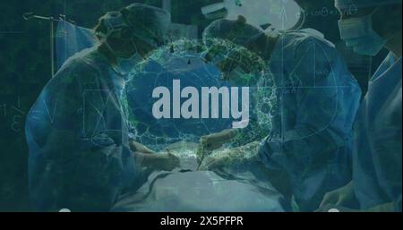 Image of brain rotating over diverse surgeons during operation Stock Photo