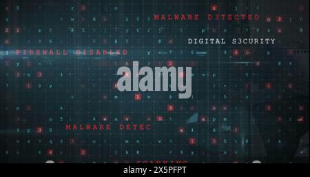 Image of cyber attack warning over caucasian man in server room Stock Photo