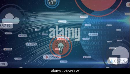Image of social media icons and numbers over binary coding globe Stock Photo