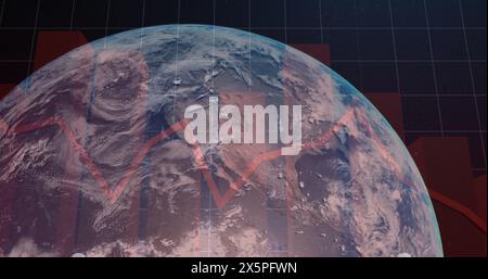 Image of statistics and data processing with red line over globe Stock Photo