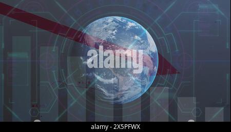 Image of statistics and data processing with red arrow over globe Stock Photo