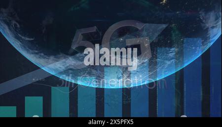 Image of statistics and data processing with 5g text and arrow over globe Stock Photo