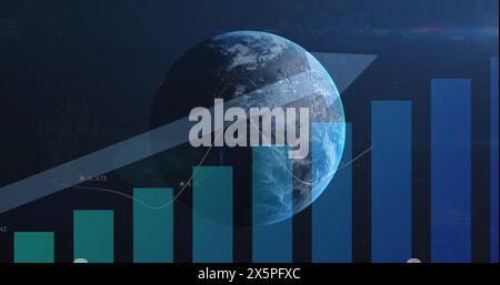 Image of statistics and data processing with blue arrow over globe Stock Photo