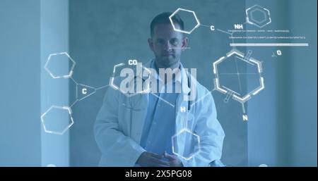 Image of chemical structures and data processing over caucasian male doctor Stock Photo
