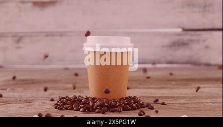 Image of white spots moving over coffee beans falling on takeaway coffee Stock Photo