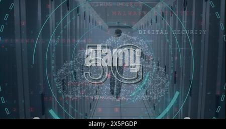 Image of 5g text and security padlock icon against male engineer walking in server room Stock Photo
