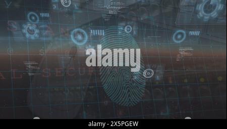 Image of data processing and security fingerprint over blue background Stock Photo