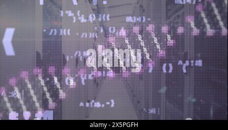 Image of dna strand and data processing over computer server room Stock Photo