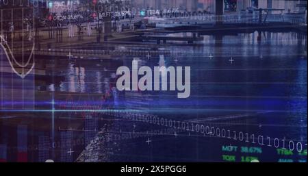 Image of financial data, binary code and graphs over city buildings Stock Photo