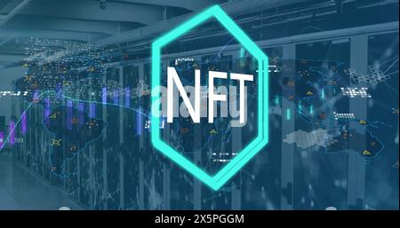 Image of graphs and nft over servers Stock Photo