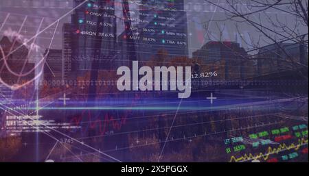 Image of financial data, binary code and graphs over city buildings Stock Photo