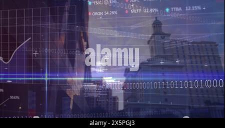 Image of financial data, binary code and graphs over city buildings Stock Photo