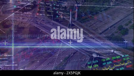 Image of binary coding and data processing over grid Stock Photo