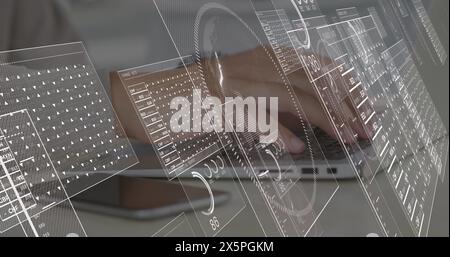 Image of data processing over hands using laptop Stock Photo