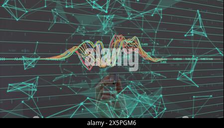 Image of data processing over green grid Stock Photo
