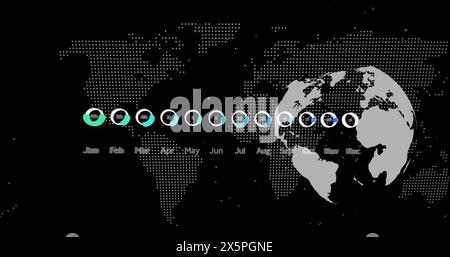 Image of months data processing and statistics over world map and globe Stock Photo