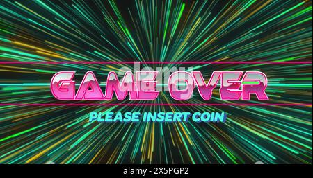 Image of game over metallic text over neon pattern and light trails Stock Photo