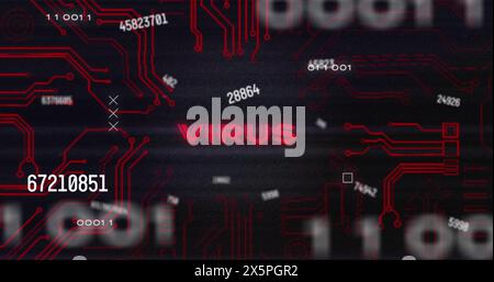 Image of multiple numbers, virus text and glitch technique over circuit board texture Stock Photo