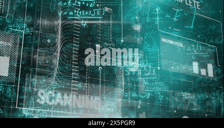 Image of data processing with mathematical equations on black background Stock Photo