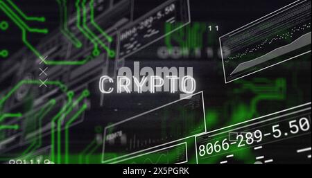 Image of crypto text over hud interface, glitch technique and circuit board pattern Stock Photo