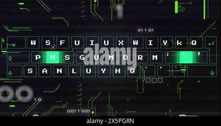 Image of abstract pattern moving on keyboard, glitch technique, binary codes and circuit board Stock Photo