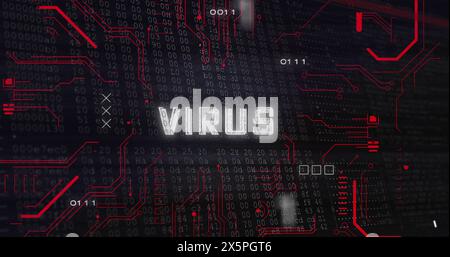 Image of virus text with glitch technique, multiple numbers, binary codes, circuit board pattern Stock Photo