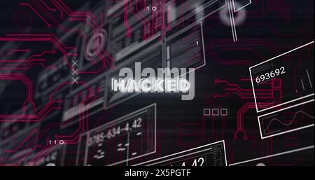 Image of hacked text, hud interfaces, binary codes, circuit board texture over black background Stock Photo