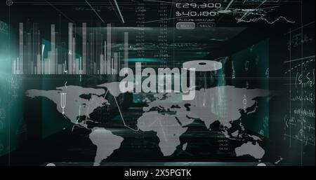 Image of graphs, circle and numbers over map against mathematical equations in background Stock Photo