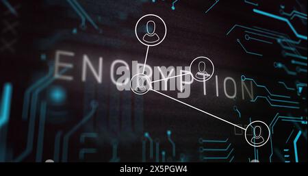 Image of profile icons over encryption text with glitch technique and circuit board pattern Stock Photo