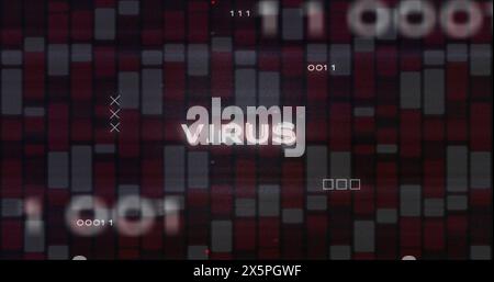 Image of virus text, circuit board texture, binary codes over red and white bars in background Stock Photo