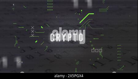 Image of x symbol, crypto text and binary codes and circuit board texture over black background Stock Photo