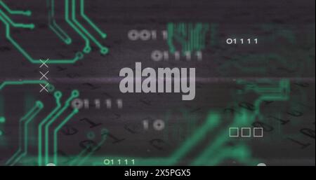 Image of phishing text, glitch technique, x sigh, circuit board texture and binary codes Stock Photo