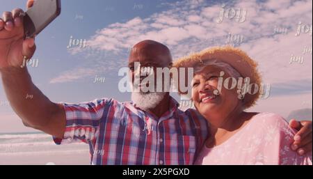Image of joy over happy diverse senior couple taking selfie on beach Stock Photo