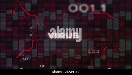 Image of virus text, circuit board texture, binary codes over red and white bars in background Stock Photo