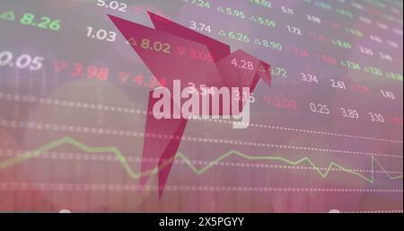 Image of financial data processing over pink paper bird Stock Photo