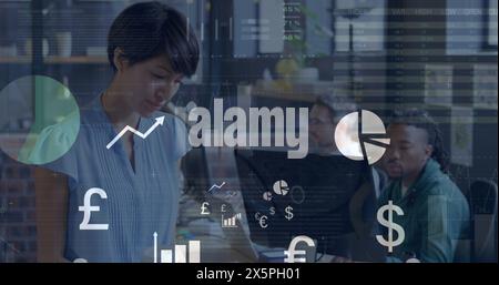 Image of statistical data processing and digital icons over woman drinking coffee at office Stock Photo