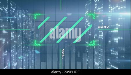 Image of financial data processing and moving columns over cityscape Stock Photo