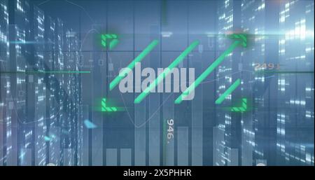 Image of financial data processing and moving columns over cityscape Stock Photo