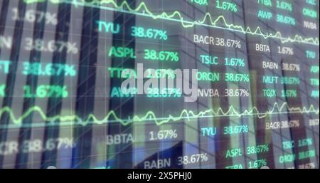 Image of statistical and stock market data processing against tall building Stock Photo
