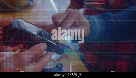 Image of data processing over woman stock recording Stock Photo