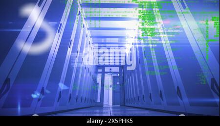 Image of mathematical equations and data processing over server room Stock Photo