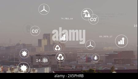 Image of eco icons and data processing over cityscape Stock Photo