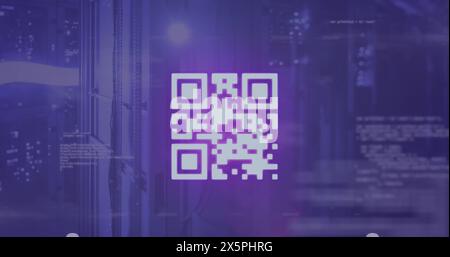 Image of qr code over computer language against server room in background Stock Photo