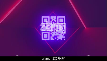 Image of qr code, data processing over neon lines Stock Photo