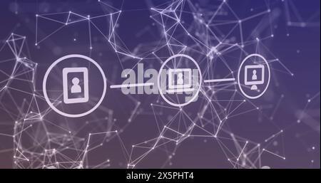 Image of icon in circles over connected dots forming geometric shapes on gradient background Stock Photo
