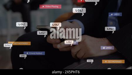 Image of social media icons floating against mid section of businessman using smartphone Stock Photo
