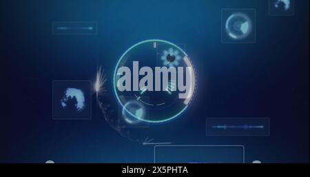 Image of screens with round scanners and data processing against blue background Stock Photo