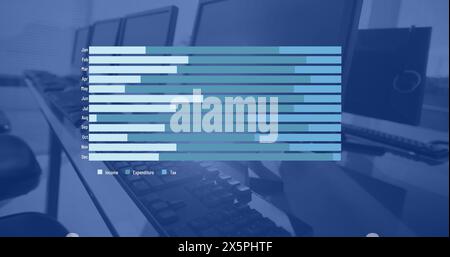 Blue and white graph processing data over computers on desks in empty office Stock Photo