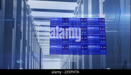 Image of computer servers, arrows and financial data processing Stock Photo